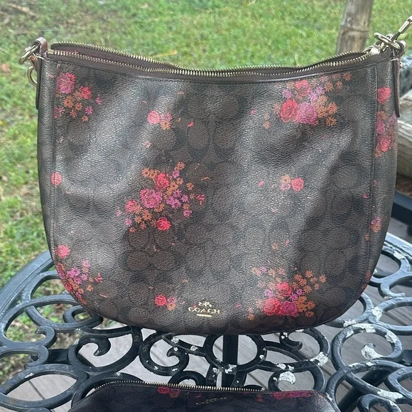 Coach Brown Shoulder Bag with Pink Floral Design - Picture 1 of 6